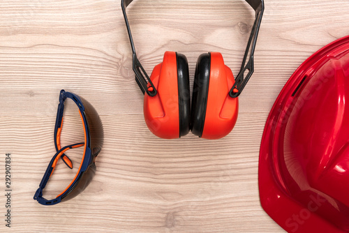 Ear eye and head protectors on the desk photo