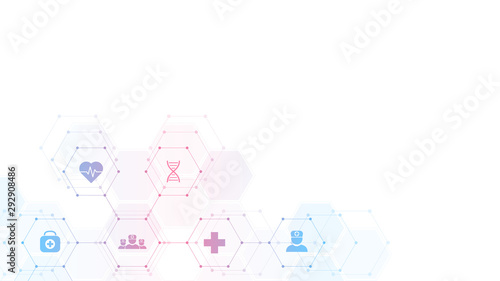 Abstract medical background with flat icons and symbols. Template design with concept and idea for healthcare technology, innovation medicine, health, science and research. Vector illustration.