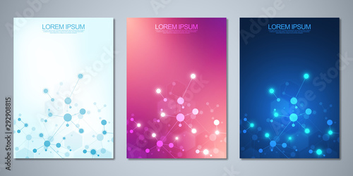 Vector template brochures or cover design, book, flyer, with molecules background and neural network. Abstract geometric background of connected lines and dots. Science and technology concept.