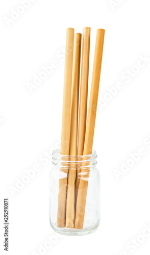 Bamboo straws tube drink water in glass.