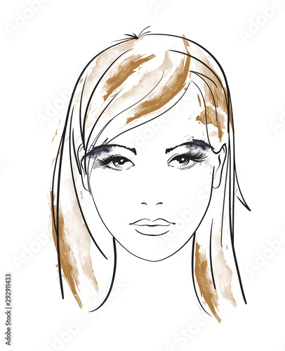 Beautiful young woman with hairstyle and expressive look. Fashion sketch. Fashion girls face. Hand-drawn fashion model. Woman face on a white background. Cosmetics.
