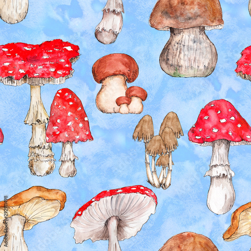 Watercolor hand drawn artistic colorful MUSHROOMS fall  season vintage seamless pattern photo