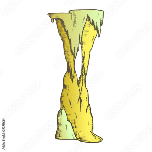 Stalactite Decorative Tunnel Element Color Vector. Standing Stalactite And Stalagmite. Natural Attraction And Historical Landmark Engraving Template Designed In Retro Style Illustration