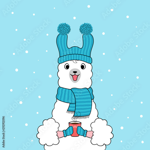Cute cartoon llama wearing knitted hat and scarf holding a cup of coffee. Hand drawn illustration