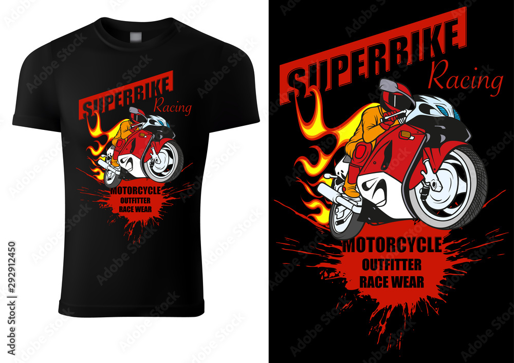 Black T-shirt Design with Motorcyclist and Inscriptions - Graphic Design for Printmaking T-shirt or Poster and etc., Vector