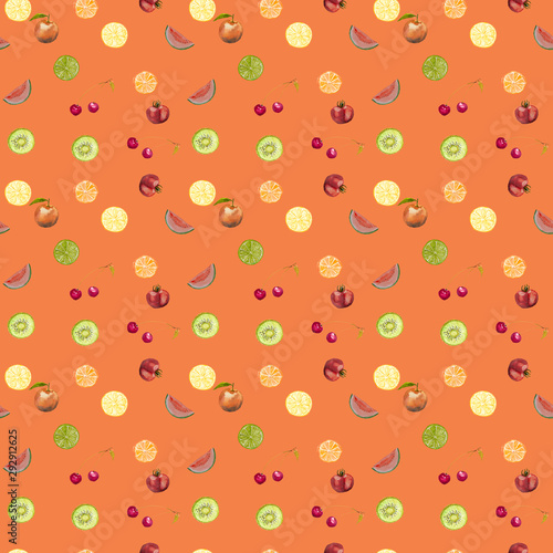 Seamless watercolor pattern of fruits and vegetables, lemon, lime, orange, kiwi, cherry, apple, tomato and watermelon on orange background.