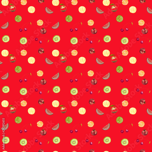 Seamless watercolor pattern of fruits and vegetables, lemon, lime, orange, kiwi, cherry, apple, tomato and watermelon on red background.