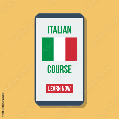 italy flag with italian course title and button learn now on mobile phone display, flat vector illustration