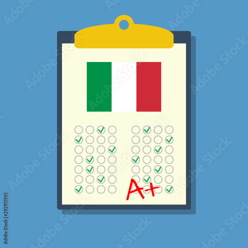 italian language final exam test with a plus grade, flat vector illustration