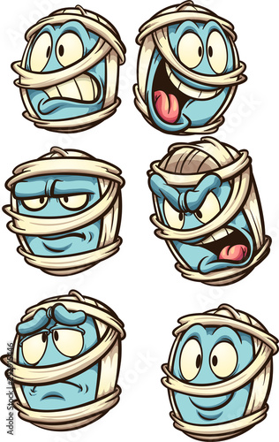 Cartoon mummy head with different expressions clip art. Vector illustration with simple gradients. Each head on a separate layer. 