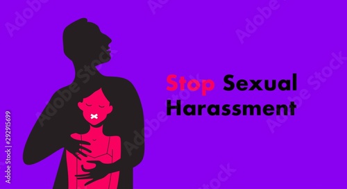 Stop Sexual Harassment vector illustration. Frightened Girl suffering from agressive behavior. Rape victim. Me too teg.