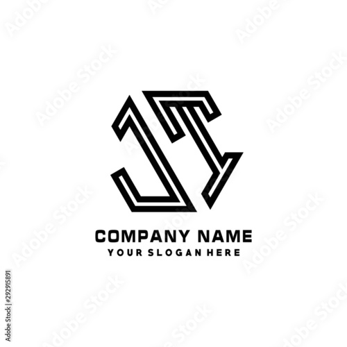 JT initial letters, hexagon logo minimalist art lines, black color