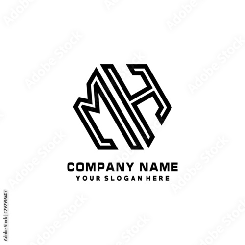MH initial letters, hexagon logo minimalist art lines, black color