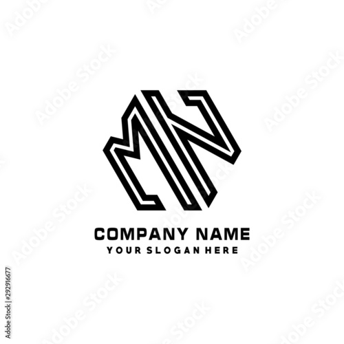 MN initial letters, hexagon logo minimalist art lines, black color