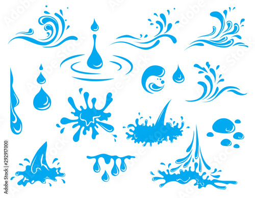 Water And Drop Icons Set - Blue waves and water splashes set, wavy symbols of nature in motion vector Illustrations.