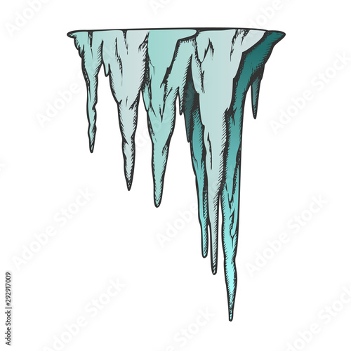 Stalactite Ancient Cave Element Color Vector. Decorative Underground Speleotherm Stalactite. Nature Mineral Engraving Template Hand Drawn In Retro Style Illustration