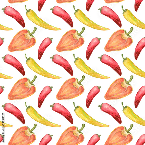 watercolor pattern of different bright peppers. Great for packaging design, textiles and printing