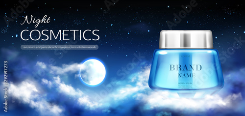 Night cosmetics jar banner mock up, beauty cream bottle on dark background with starry sky, full moon and clouds. Woman moisturize cosmetic advertising promo template. Realistic 3d vector illustration