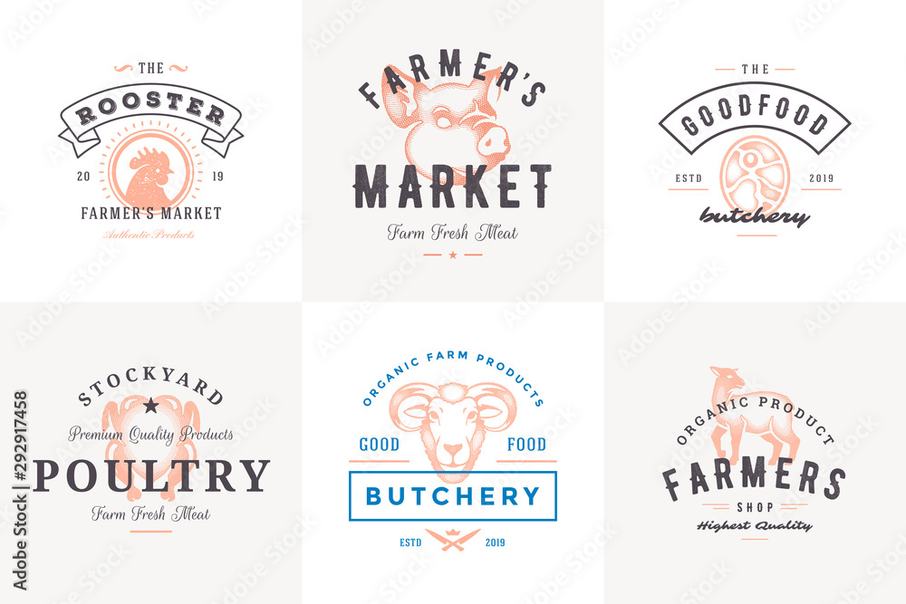 Engraving logos and labels farm animals with modern vintage typography hand drawn style set vector illustration.