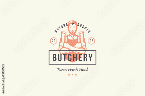 Hand drawn logo male butcher holding knifes silhouette and modern vintage typography retro style vector illustration.