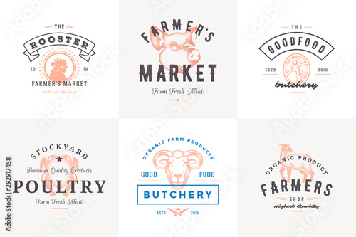 Engraving logos and labels farm animals with modern vintage typography hand drawn style set vector illustration.