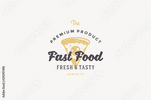 Hand drawn logo pizza slice silhouette and modern vintage typography retro style vector illustration.