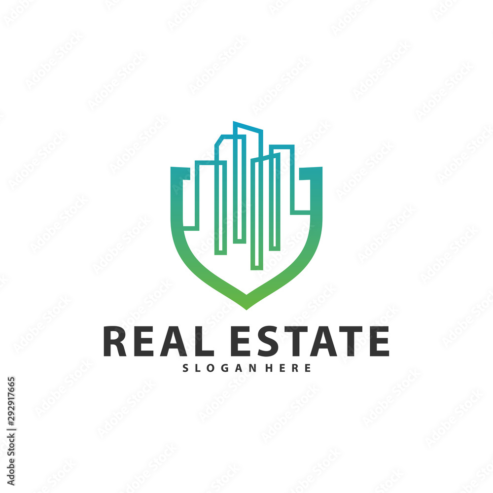 Shield with Building Idea logo template, Modern City with Shield logo designs concept, Real Estate logo Vector Illustration Shield with Building Idea logo template, Modern City with Shield logo designs concept, Real Estate logo Vector Illustration