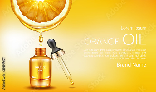 Orange oil cosmetics bottle with pipette ad banner. Vitamin organic anti aging serum, fruit acid product package mockup background. Natural eco skin care cosmetic. Realistic 3d vector illustration