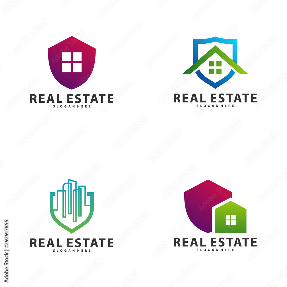 Set of Shield with Building Idea logo template, Modern City with Shield ...