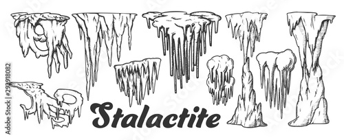 Stalactite And Stalagmite Monochrome Set Vector. Collection In Different Form Cave Stalactite. Mineral Formations Engraving Template Hand Drawn In Vintage Style Black And White Illustrations