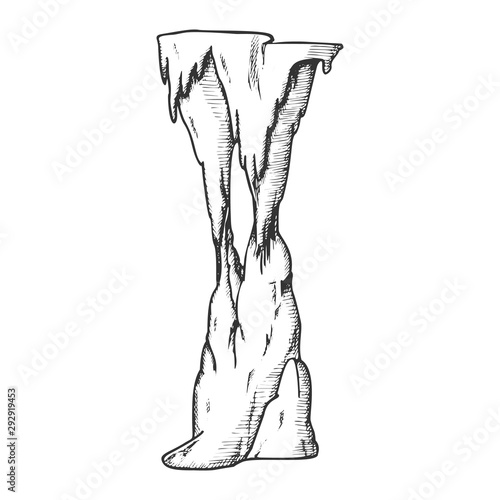 Stalactite Decorative Tunnel Element Ink Vector. Standing Stalactite And Stalagmite. Natural Attraction And Historical Landmark Engraving Template Designed In Retro Style Black And White Illustration