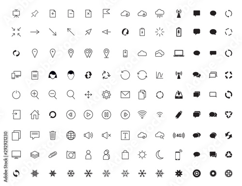 Vector collection of universal black flat icons for web  technology  communication  connectivity  music  media  finance  environment and  more.