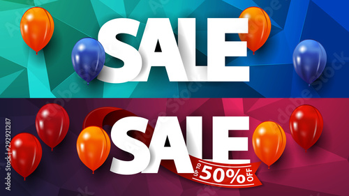 Set polygonal discount banners with large letters and ballons