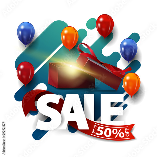 Sale, up to 50% off, green abstract square festive discount banner with balloons and gift box