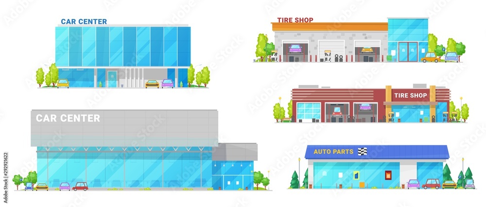 Car center, auto service, dealer showroom building - obrazy, fototapety, plakaty 