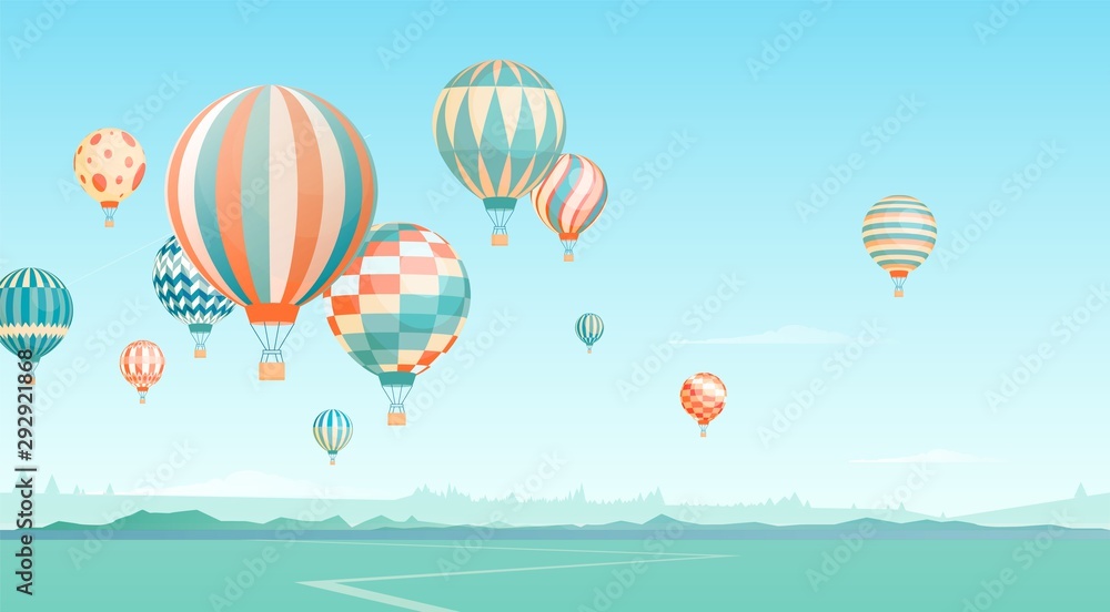 Fototapeta premium Flying hot air balloons in sky vector illustration. Floating aircrafts on horizon scenery. Aerial transportation. Balloons festival. Aerostat transport, airships on picturesque landscape.