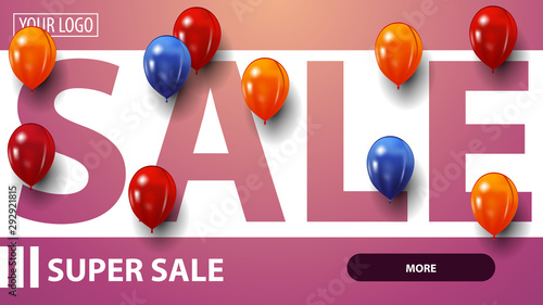 Pink discount banner for website with red, blue and yellow ballons