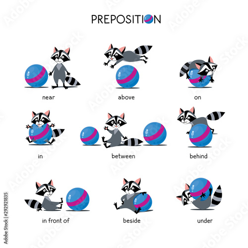 Preposition of place set. Raccoon and ball