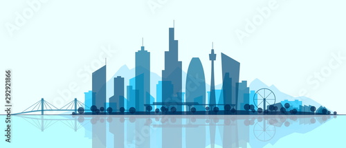 Futuristic cityscape, silhouette art illustration. Modern City panorama with reflection on water. Abstract town landscape. Urban skyline with downtown skyscrapers, office buildings, park.