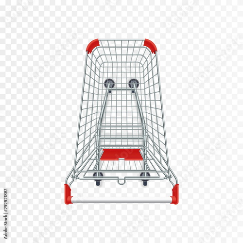 Red supermarket shopping cart. 3d top view vector illustration. Photo realistic empty basket for food products. Customers market trolley mockup. Single object isolated on white. Mall equipment