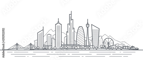 Futuristic cityscape thin line art illustration. Outline future city panorama. Abstract town landscape. Urban skyline with downtown skyscrapers  office buildings  park. Modern architectural exterior