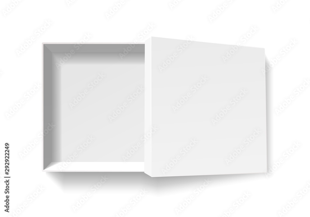 Open square pack box. Empty cardboard container template. 3d top view illustration with transporented shadow isolated on white. Blank space inside pakage mockup. Closeup realistic vector object. Open square pack box. Empty cardboard container template. 3d top view illustration with transporented shadow isolated on white. Blank space inside pakage mockup. Closeup realistic vector object.