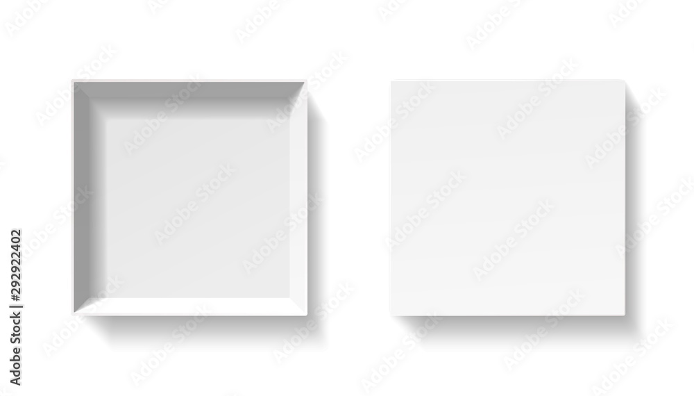 Open square pack box. Empty cardboard container template. 3d top view illustration with transporented shadow isolated on white. Blank space inside pakage mockup. Closeup realistic vector object. Open square pack box. Empty cardboard container template. 3d top view illustration with transporented shadow isolated on white. Blank space inside pakage mockup. Closeup realistic vector object.