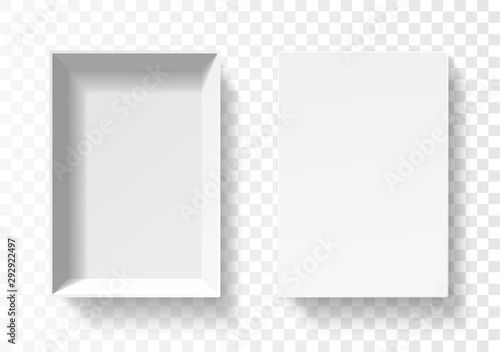 Open pack box for phone . Empty cardboard container template. 3d top view illustration with transporented shadow isolated on white. Blank space inside pakage mockup. Closeup realistic vector object. photo