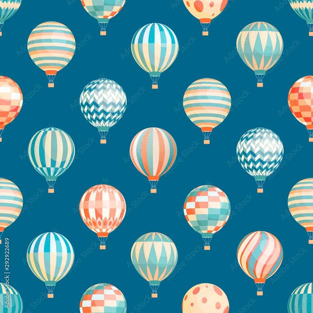 Hot air balloons vector seamless pattern. Flying aircrafts on blue background. Airships with stripes and circles ornaments. Aerostat transport in flight wrapping paper, wallpaper textile design.