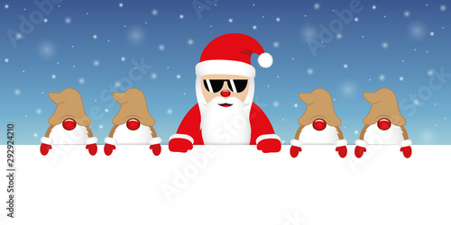 cute happy santa claus with glasses and his gnomes white banner and snowy background vector illustration EPS10 photo
