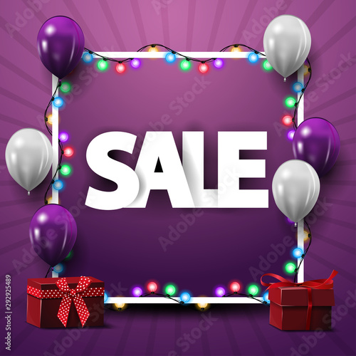 Square template for discount banner with frame, white and purple balloons and gifts