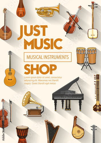 Music shop, musical band instruments photo