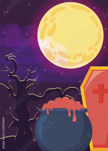 cauldron bubbly of witch on halloween scene