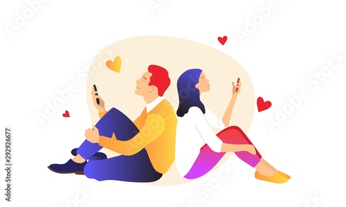 Virtual relationships and online dating and social networking concept. Couple sitting back to back with smartphones. Vector illustration, flat style.